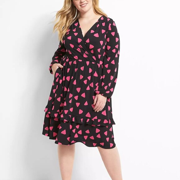 Lane Bryant Fit & Flare Dress 14/16 Black Pink Pockets V-neck Long Sleeves NEW - Picture 11 of 11